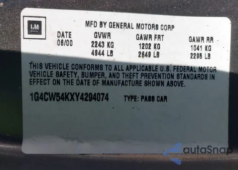 2000 Buick Park Avenue z USA, uszkodzony, nr VIN 1G4CW54KXY4294074